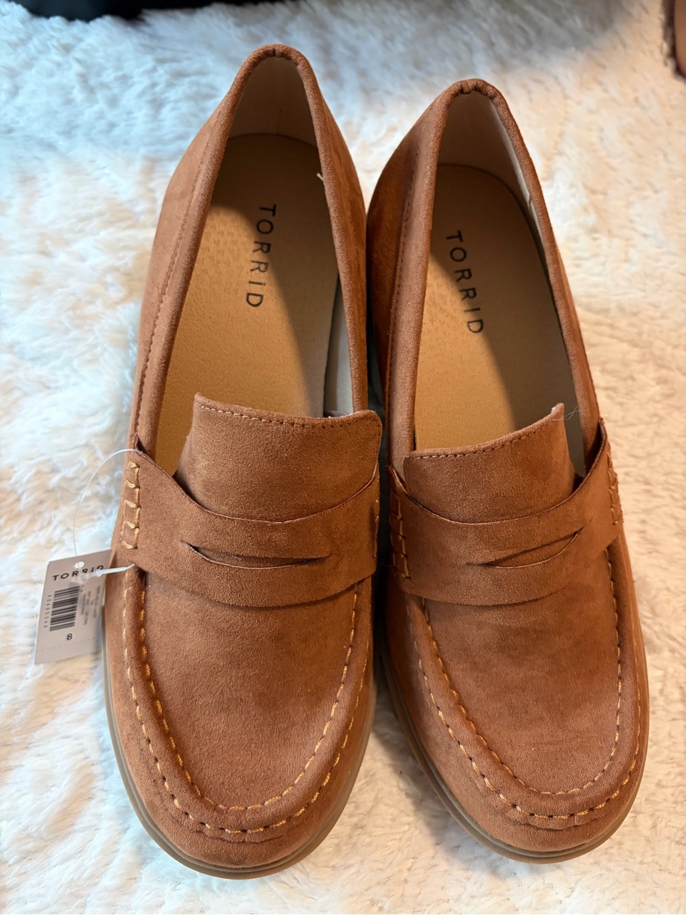 TWO DIFFERENT SIZES New Torrid chestnut/tan suede penny loafers stacked heel